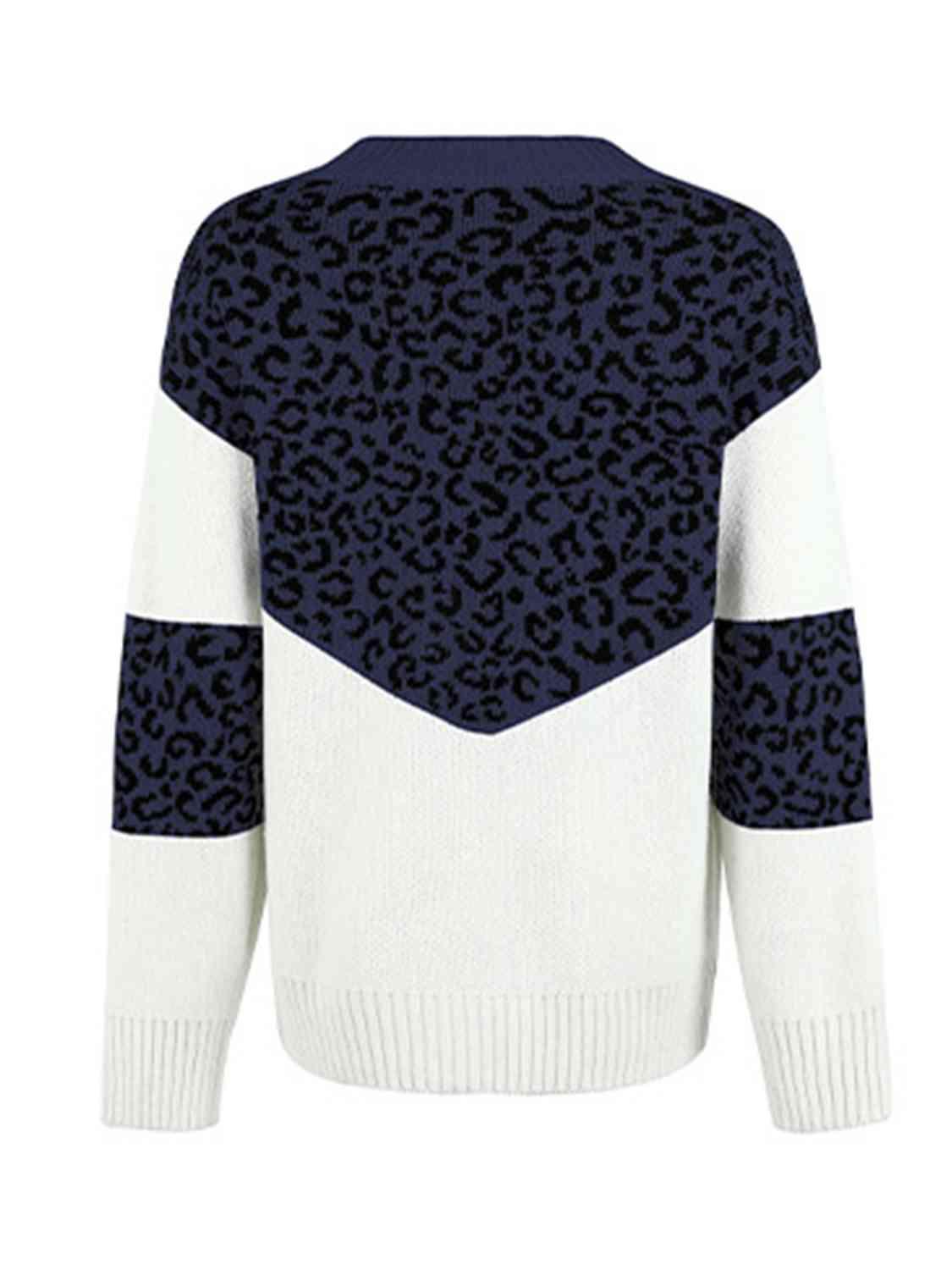 Aggressive Warmth V-Neck Leopard Print Sweater-MXSTUDIO.COM