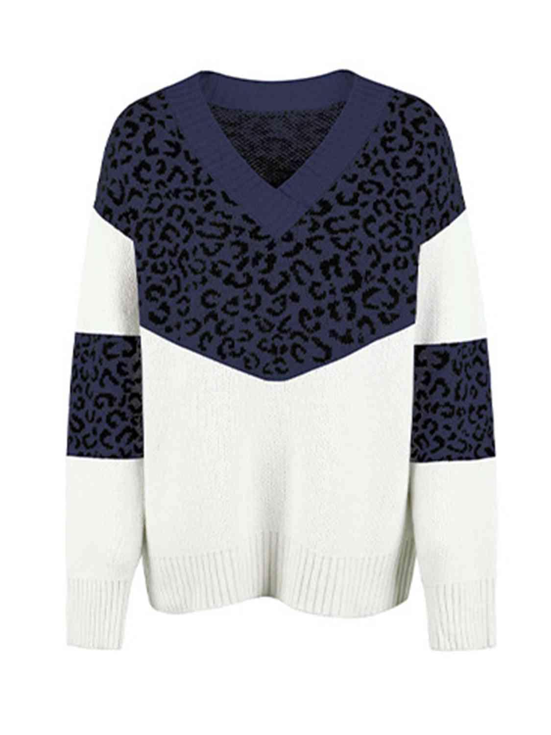 Aggressive Warmth V-Neck Leopard Print Sweater-MXSTUDIO.COM