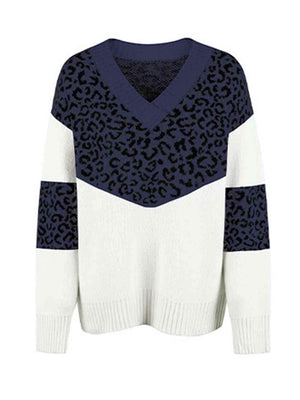 Aggressive Warmth V-Neck Leopard Print Sweater-MXSTUDIO.COM