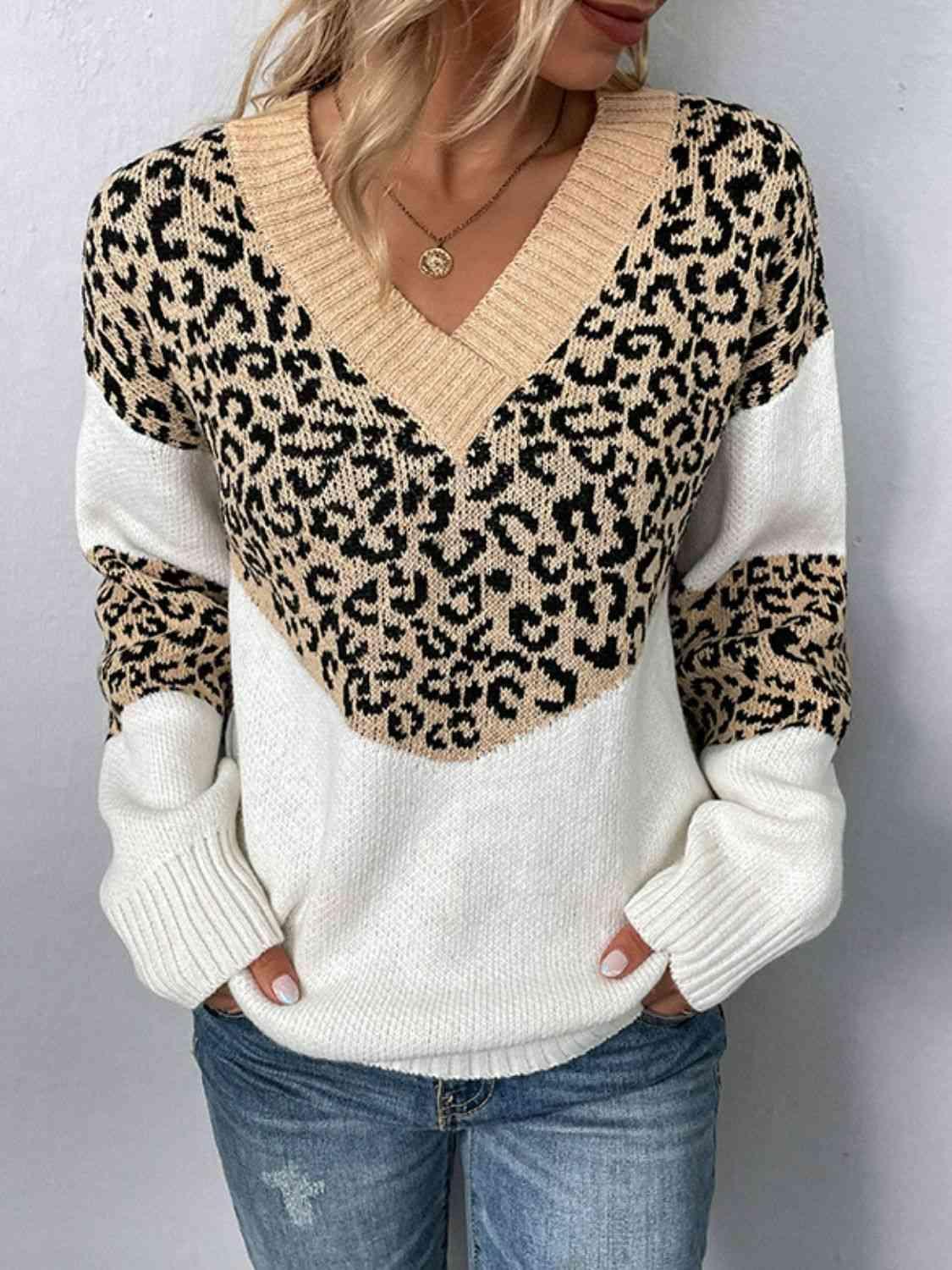 Aggressive Warmth V-Neck Leopard Print Sweater-MXSTUDIO.COM