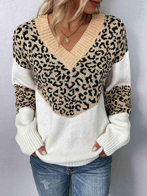 Aggressive Warmth V-Neck Leopard Print Sweater-MXSTUDIO.COM
