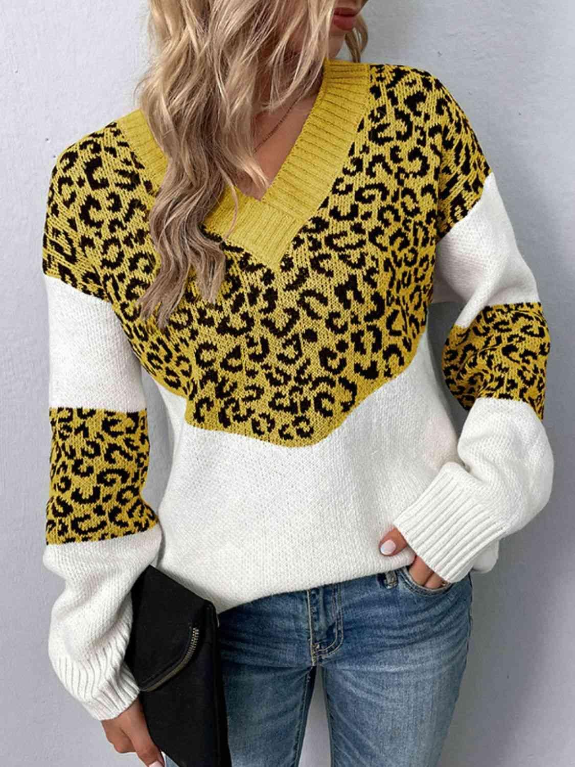 Aggressive Warmth V-Neck Leopard Print Sweater-MXSTUDIO.COM
