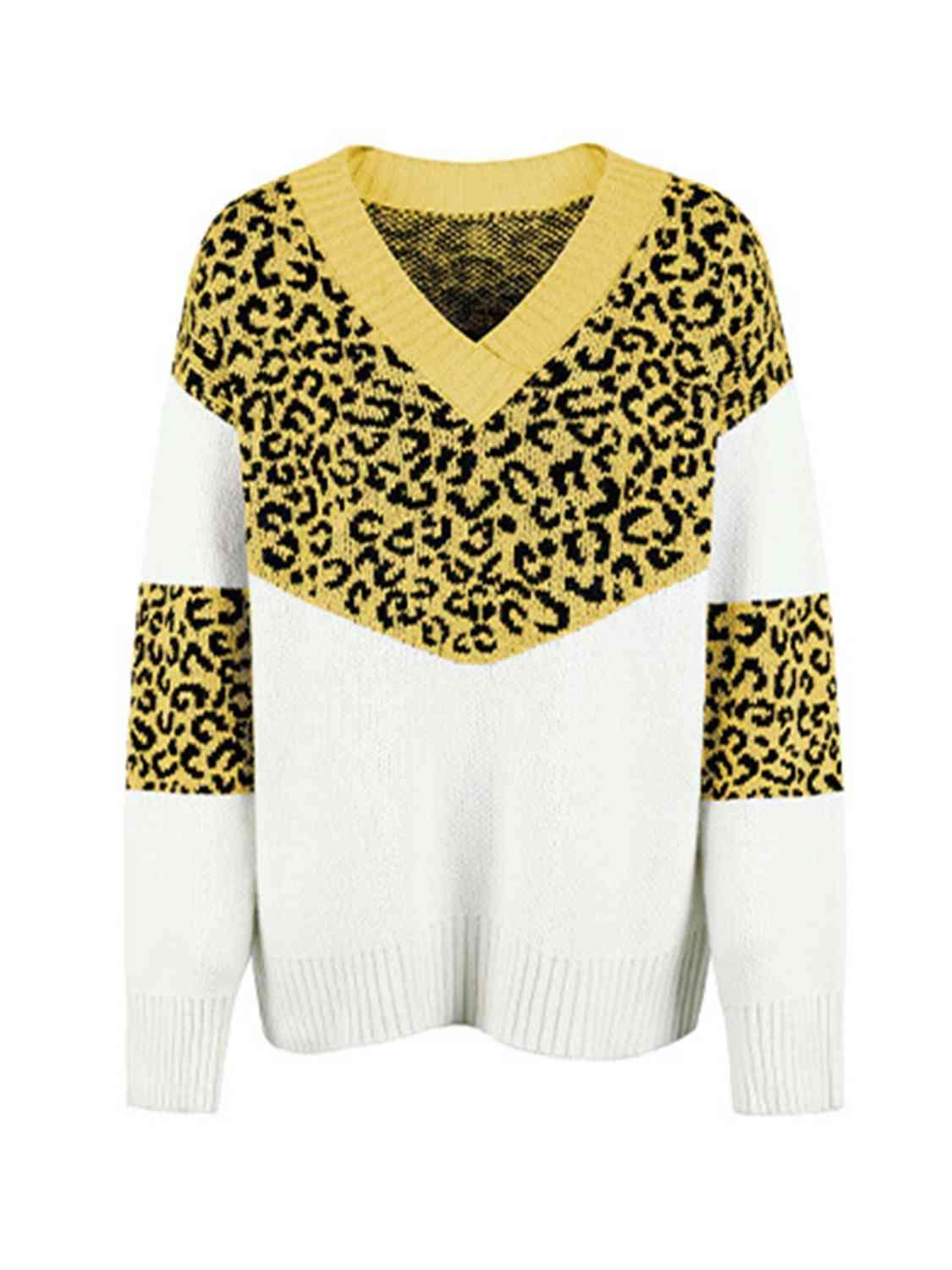 Aggressive Warmth V-Neck Leopard Print Sweater-MXSTUDIO.COM