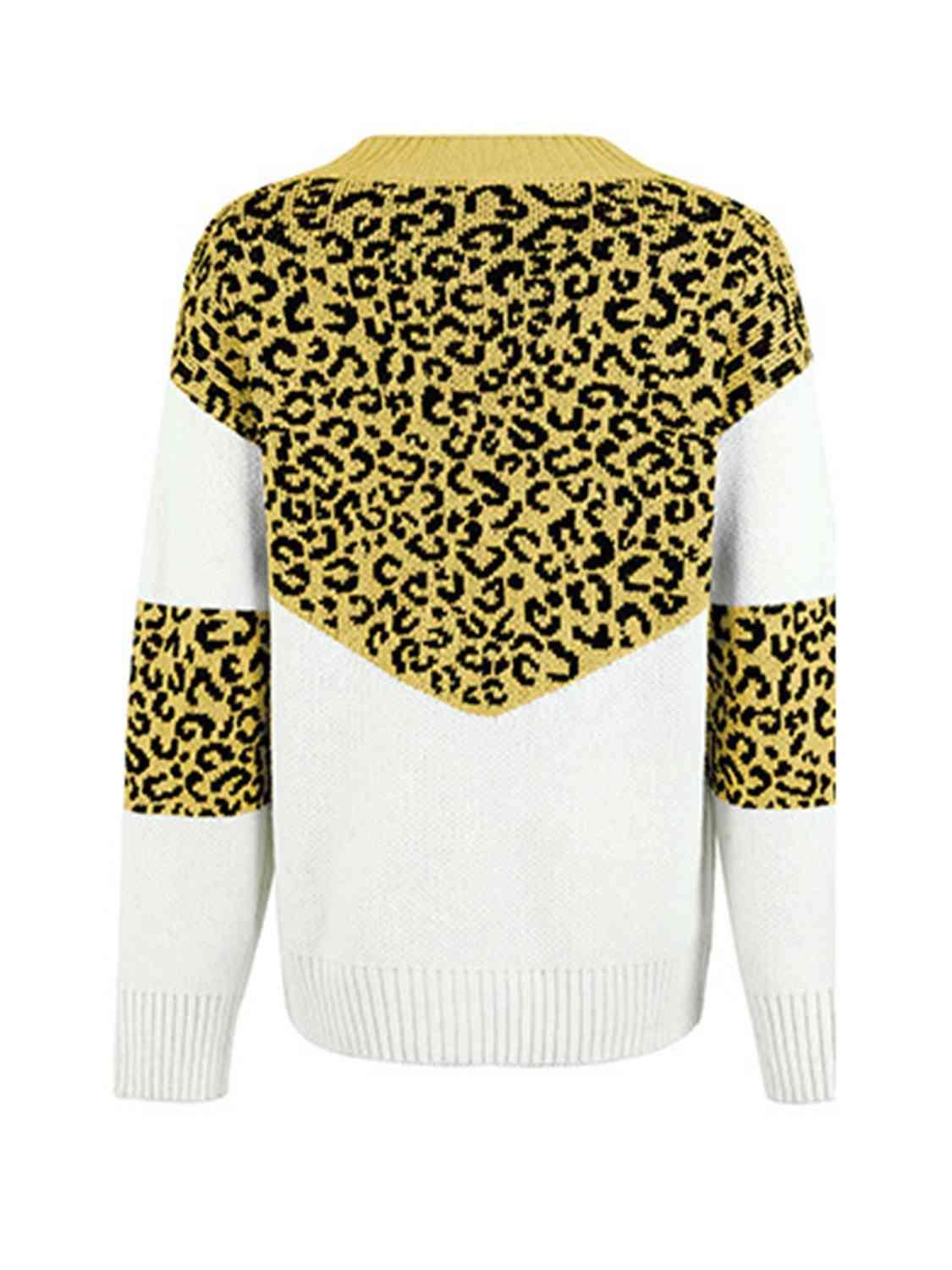 Aggressive Warmth V-Neck Leopard Print Sweater-MXSTUDIO.COM