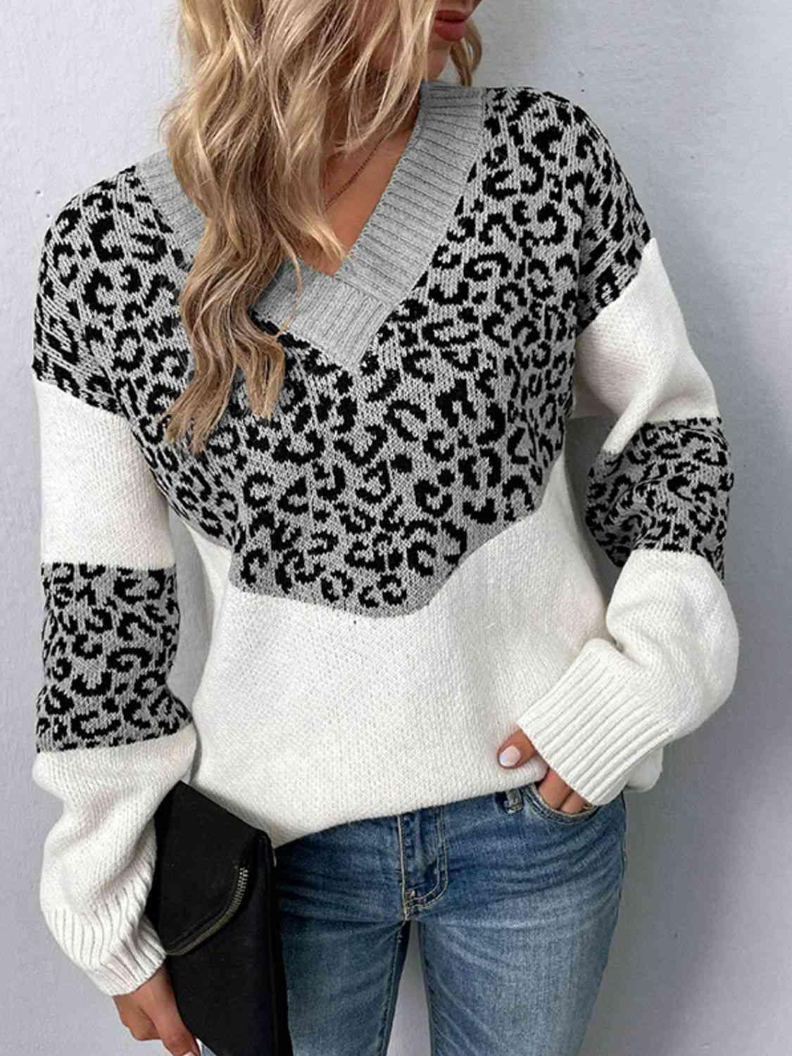 Aggressive Warmth V-Neck Leopard Print Sweater-MXSTUDIO.COM