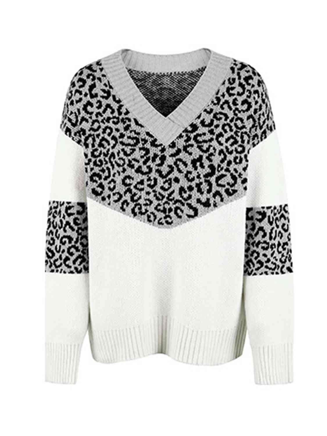 Aggressive Warmth V-Neck Leopard Print Sweater-MXSTUDIO.COM