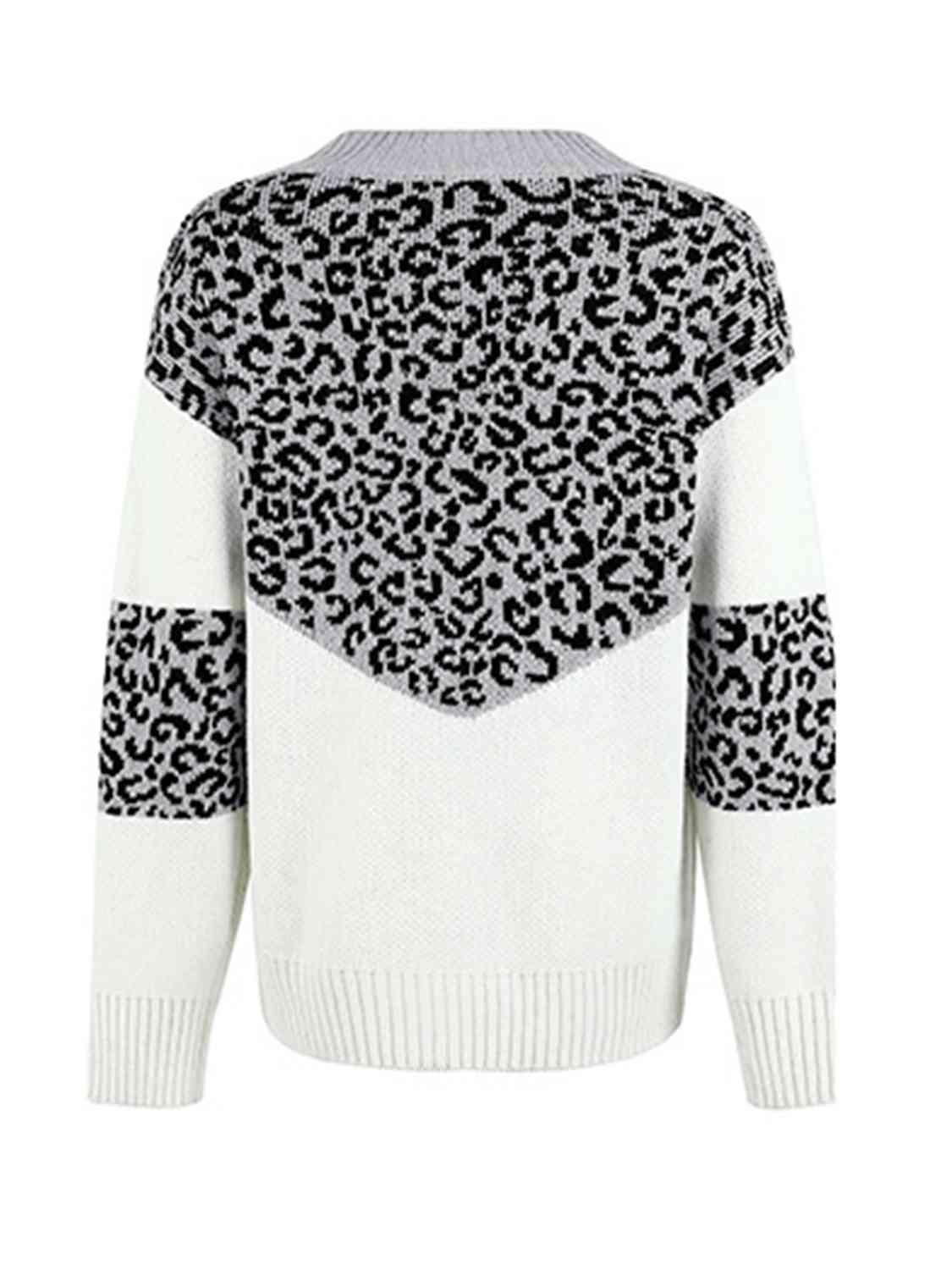 Aggressive Warmth V-Neck Leopard Print Sweater-MXSTUDIO.COM