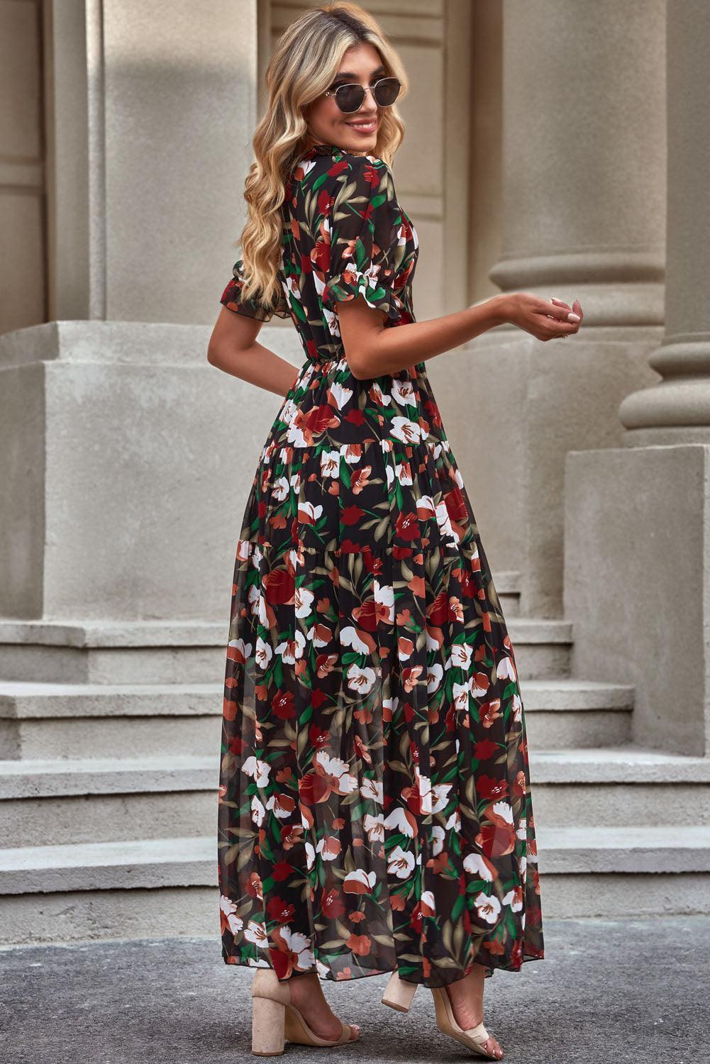 Airy Elegance A-Line Short Sleeve Floral Maxi Dress - MXSTUDIO.COM