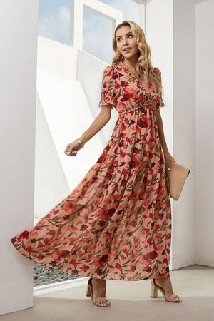 Airy Elegance A-Line Short Sleeve Floral Maxi Dress - MXSTUDIO.COM