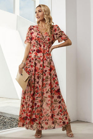 Airy Elegance A-Line Short Sleeve Floral Maxi Dress - MXSTUDIO.COM