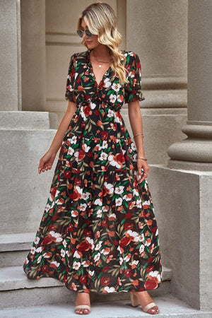 Airy Elegance A-Line Short Sleeve Floral Maxi Dress - MXSTUDIO.COM