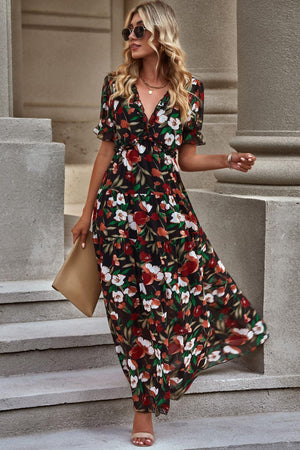 Airy Elegance A-Line Short Sleeve Floral Maxi Dress - MXSTUDIO.COM