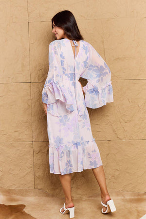 Airy Feel Midi Deep V Floral Bell Sleeve Dress - MXSTUDIO.COM