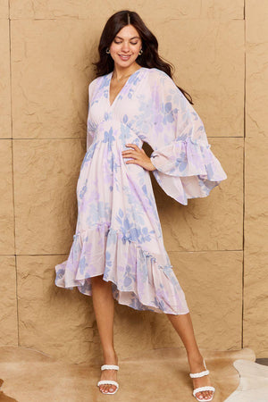 Airy Feel Midi Deep V Floral Bell Sleeve Dress - MXSTUDIO.COM