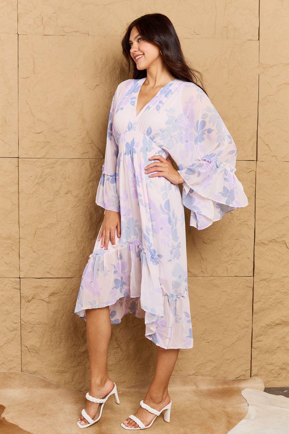 Airy Feel Midi Deep V Floral Bell Sleeve Dress - MXSTUDIO.COM