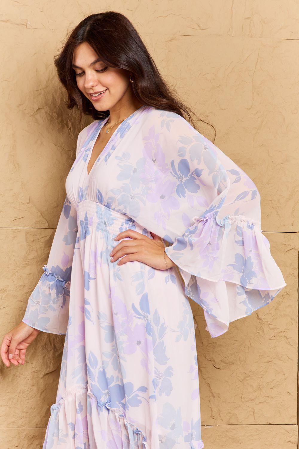 Airy Feel Midi Deep V Floral Bell Sleeve Dress - MXSTUDIO.COM