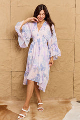 Airy Feel Midi Deep V Floral Bell Sleeve Dress - MXSTUDIO.COM