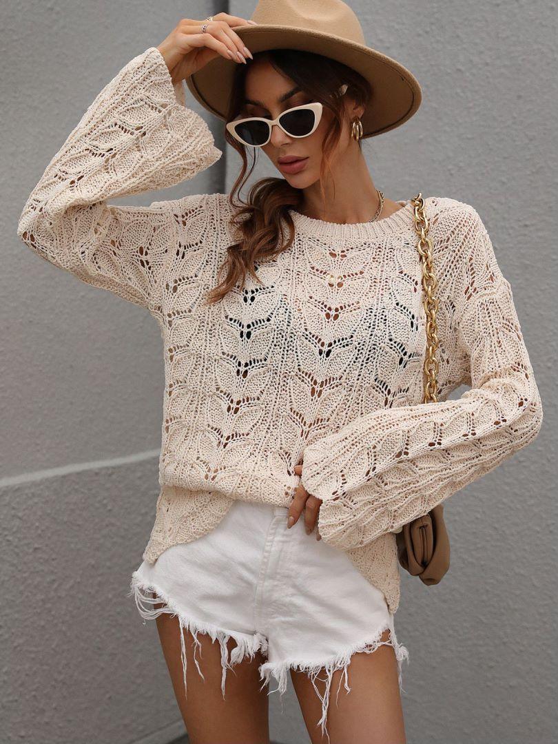 Airy Openwork Knit Long Sleeve Top - MXSTUDIO.COM