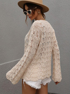 Airy Openwork Knit Long Sleeve Top - MXSTUDIO.COM