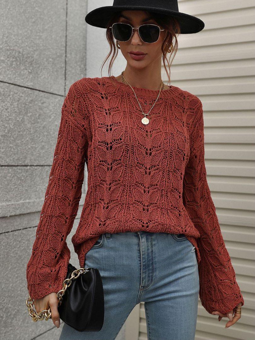 Airy Openwork Knit Long Sleeve Top - MXSTUDIO.COM