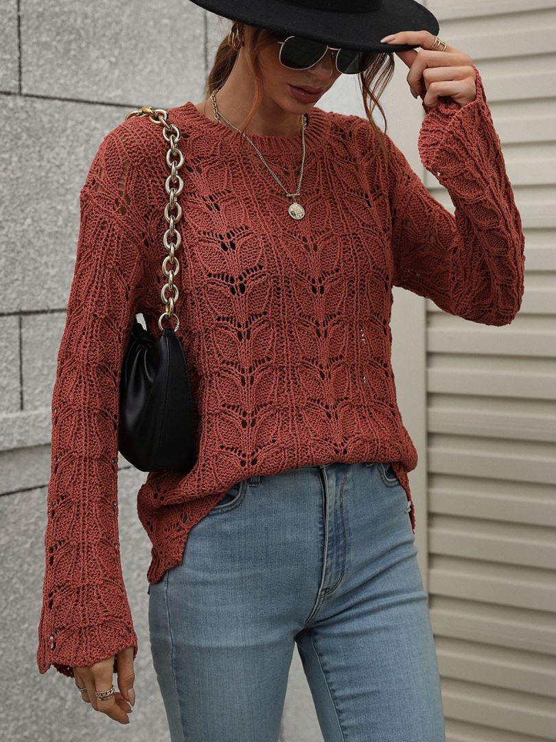 Airy Openwork Knit Long Sleeve Top - MXSTUDIO.COM