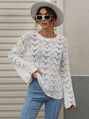 Airy Openwork Knit Long Sleeve Top - MXSTUDIO.COM