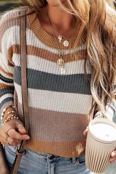 Alive And Comfy Knit Striped Crew Neck Sweater-MXSTUDIO.COM