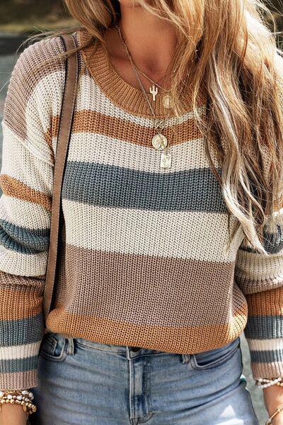 Alive And Comfy Knit Striped Crew Neck Sweater-MXSTUDIO.COM