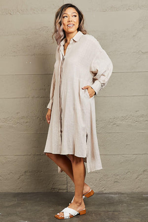 All Day Comfort Long Sleeve Button Front Dress - MXSTUDIO.COM