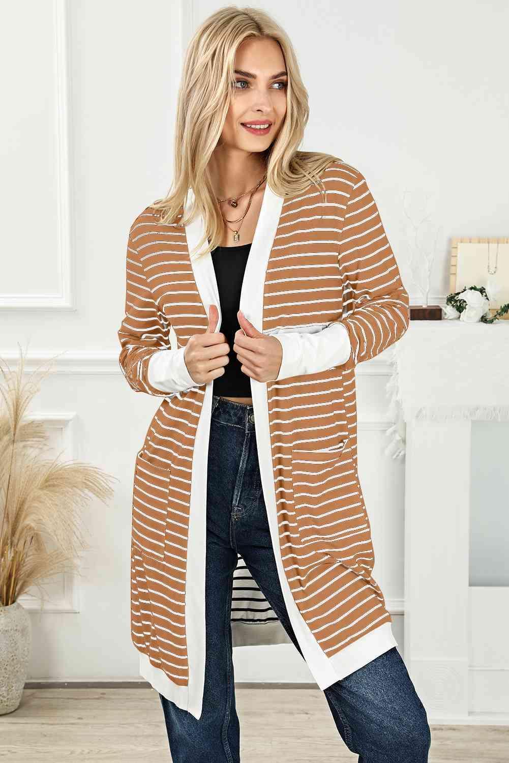 All Day Warmth Open Front Long Striped Cardigan - MXSTUDIO.COM