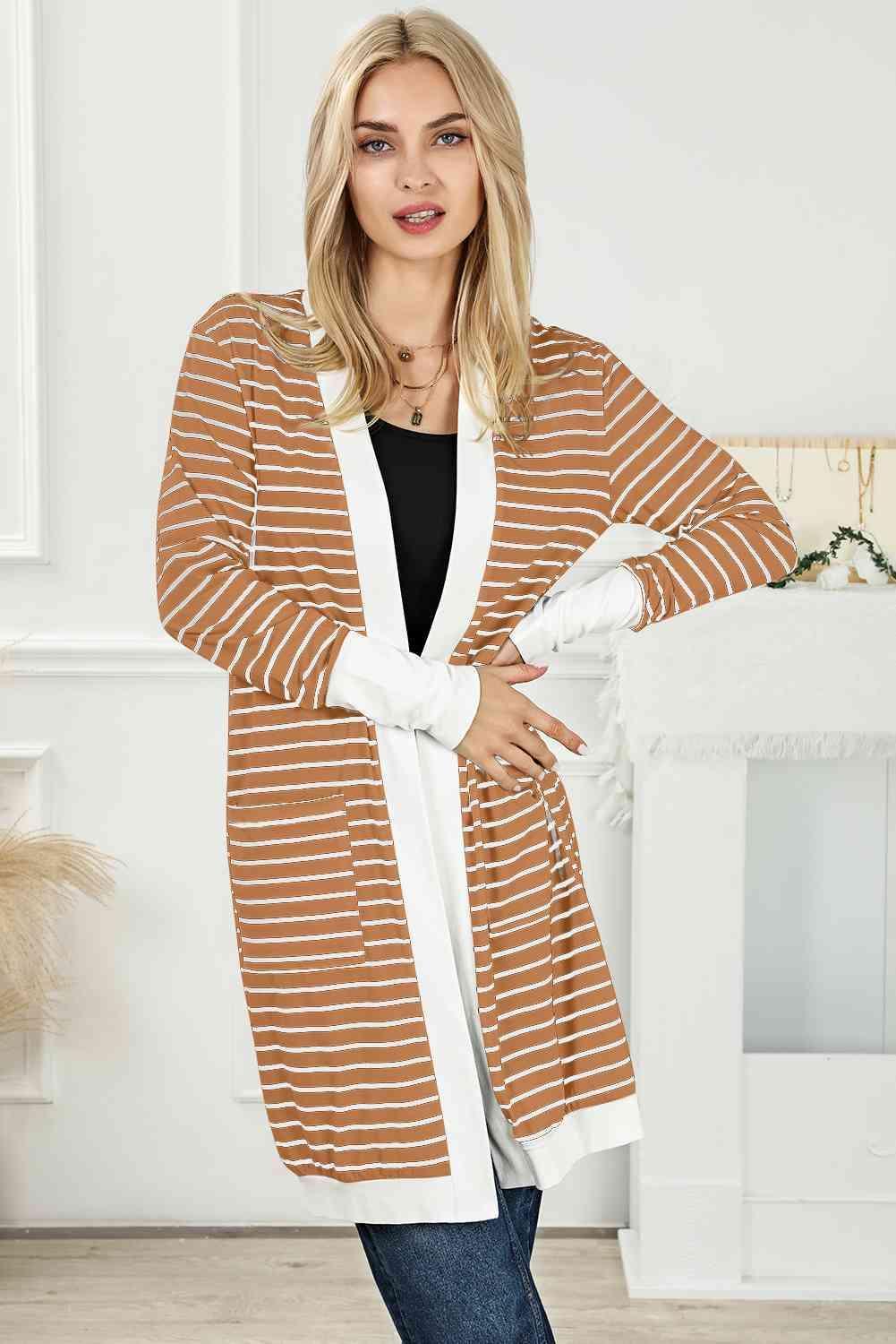 All Day Warmth Open Front Long Striped Cardigan - MXSTUDIO.COM