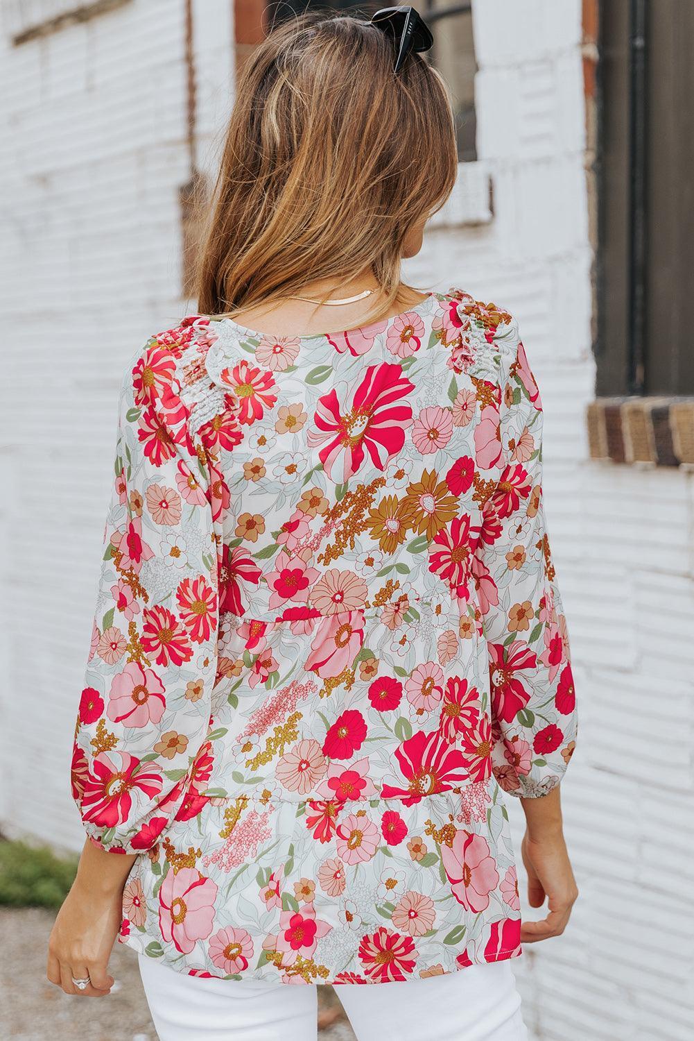 All Is Well Three Quarter Sleeve Floral V Neck Blouse - MXSTUDIO.COM