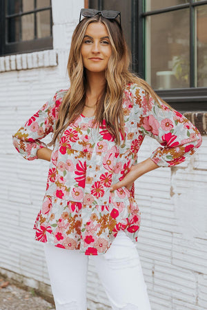 All Is Well Three Quarter Sleeve Floral V Neck Blouse - MXSTUDIO.COM