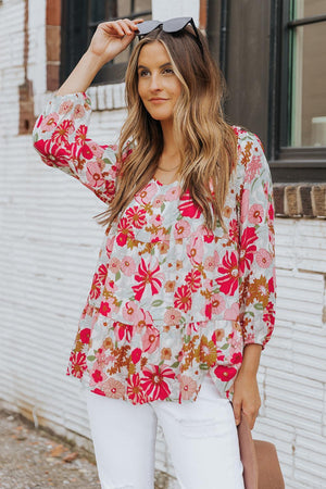 All Is Well Three Quarter Sleeve Floral V Neck Blouse - MXSTUDIO.COM