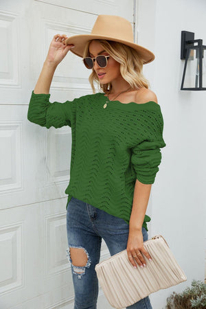 All The Go Scalloped Boat Neck Rib Knit Sweater - MXSTUDIO.COM