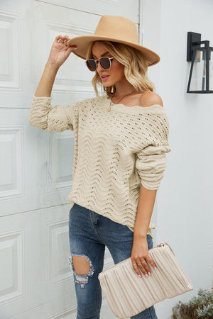 All The Go Scalloped Boat Neck Rib Knit Sweater - MXSTUDIO.COM