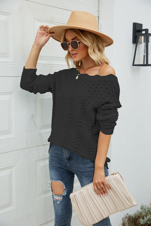 All The Go Scalloped Boat Neck Rib Knit Sweater - MXSTUDIO.COM