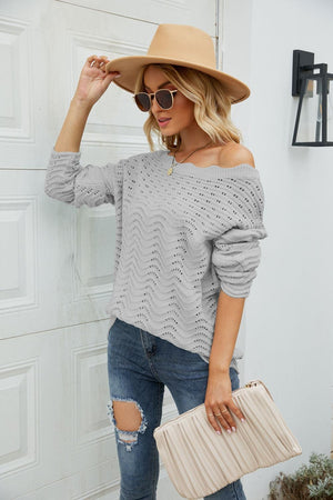 All The Go Scalloped Boat Neck Rib Knit Sweater - MXSTUDIO.COM