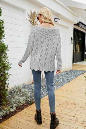 All The Go Scalloped Boat Neck Rib Knit Sweater - MXSTUDIO.COM