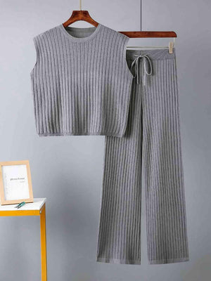 All Year Comfort Rib Knit Sweater Vest and Pants Set-MXSTUDIO.COM
