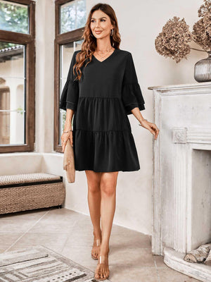 All the Go V-Neck Tiered Dress - MXSTUDIO.COM