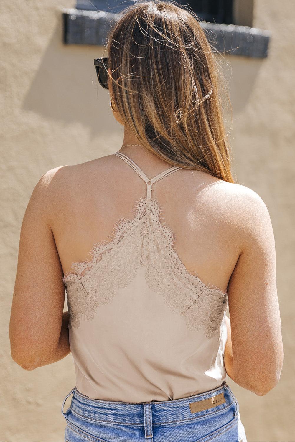 Alluring Elegance Lace Trim Buttoned Spaghetti Strap Bodysuit - MXSTUDIO.COM