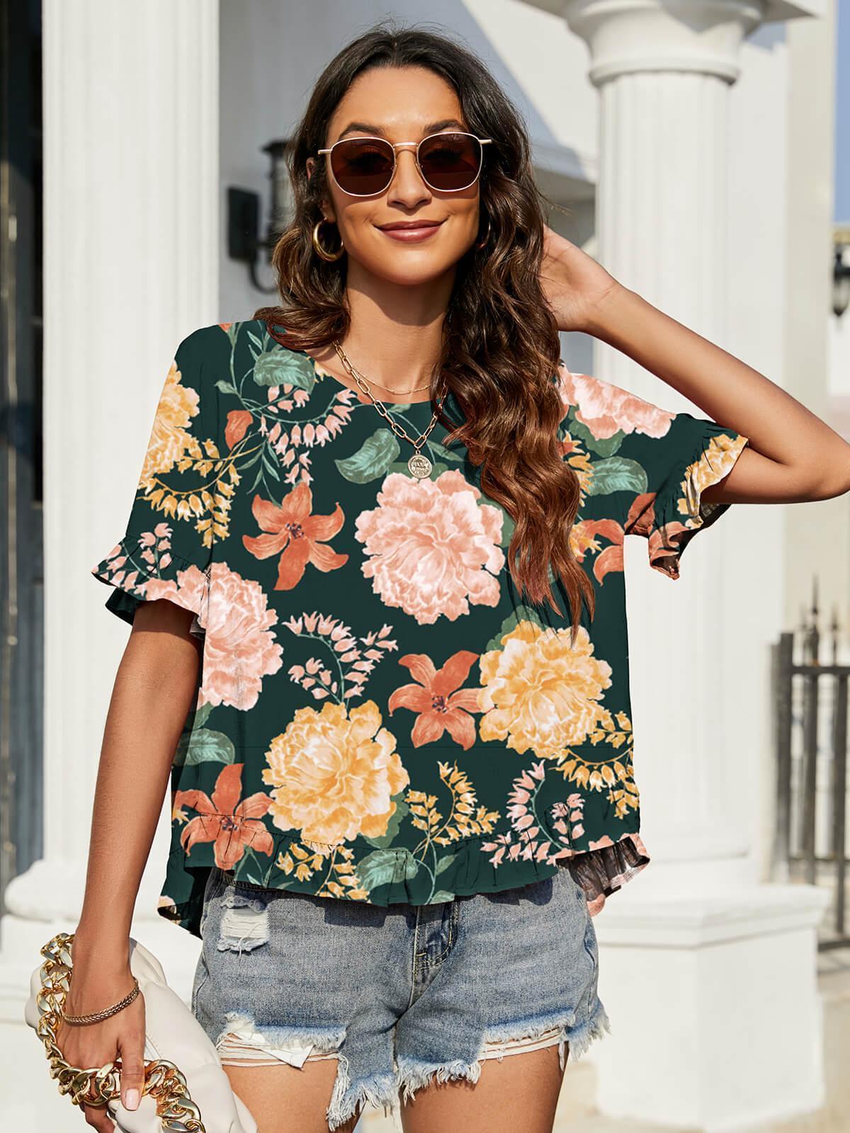 Aloha Summer Ruffled Floral Short Sleeve Blouse - MXSTUDIO.COM