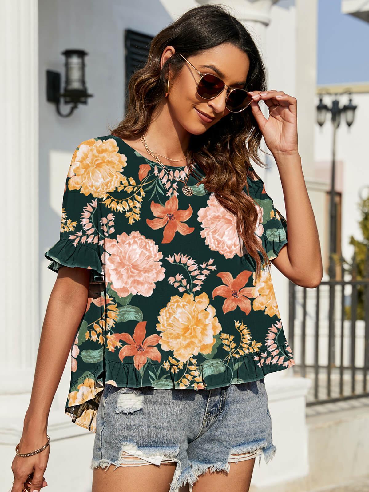 Aloha Summer Ruffled Floral Short Sleeve Blouse - MXSTUDIO.COM