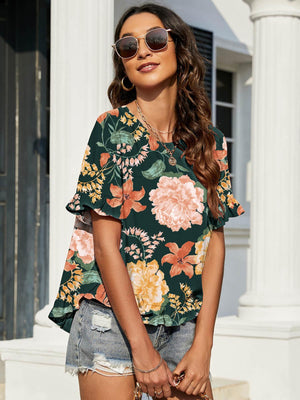 Aloha Summer Ruffled Floral Short Sleeve Blouse - MXSTUDIO.COM