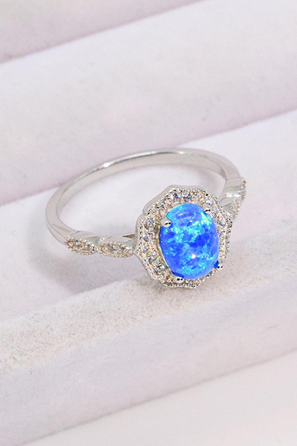 Always Remembered Zircon Detail Blue Oval Opal Ring - MXSTUDIO.COM