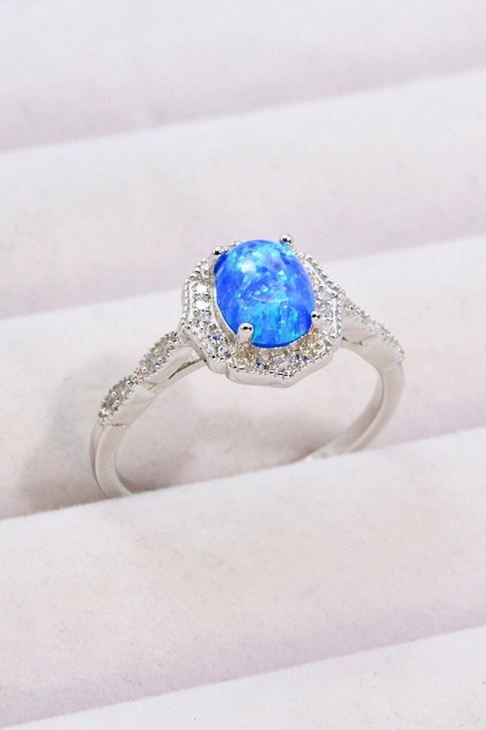 Always Remembered Zircon Detail Blue Oval Opal Ring - MXSTUDIO.COM