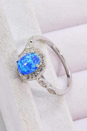 Always Remembered Zircon Detail Blue Oval Opal Ring - MXSTUDIO.COM