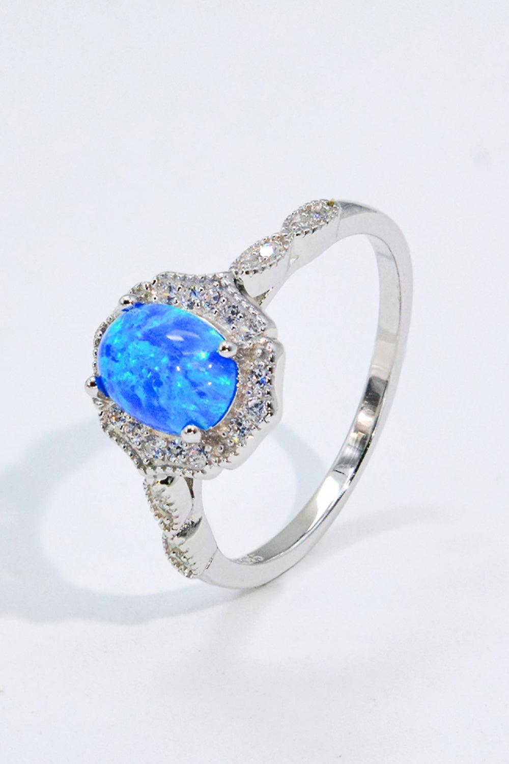 Always Remembered Zircon Detail Blue Oval Opal Ring - MXSTUDIO.COM