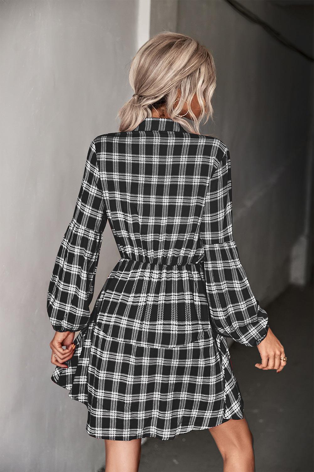 Amazing Plaid Balloon Sleeve Shirt Dress - MXSTUDIO.COM